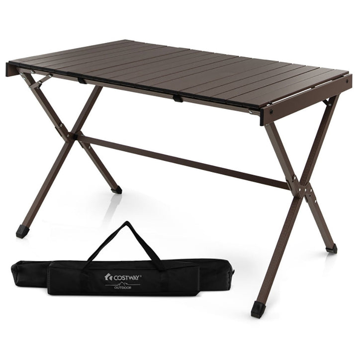 Hommoo 4-6 Person Portable Aluminum Camping Table with Carrying Bag-Brown,Folding Dining Table for Patio Pool Park Image 1