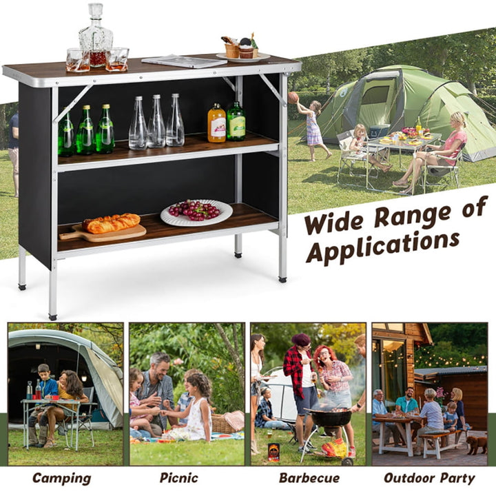 Hommoo Folding Camping Table with 2-Tier Open Shelves for Outdoor BBQ, Lightweight Folding Tent Camping Cot Bed, Coffee Image 4