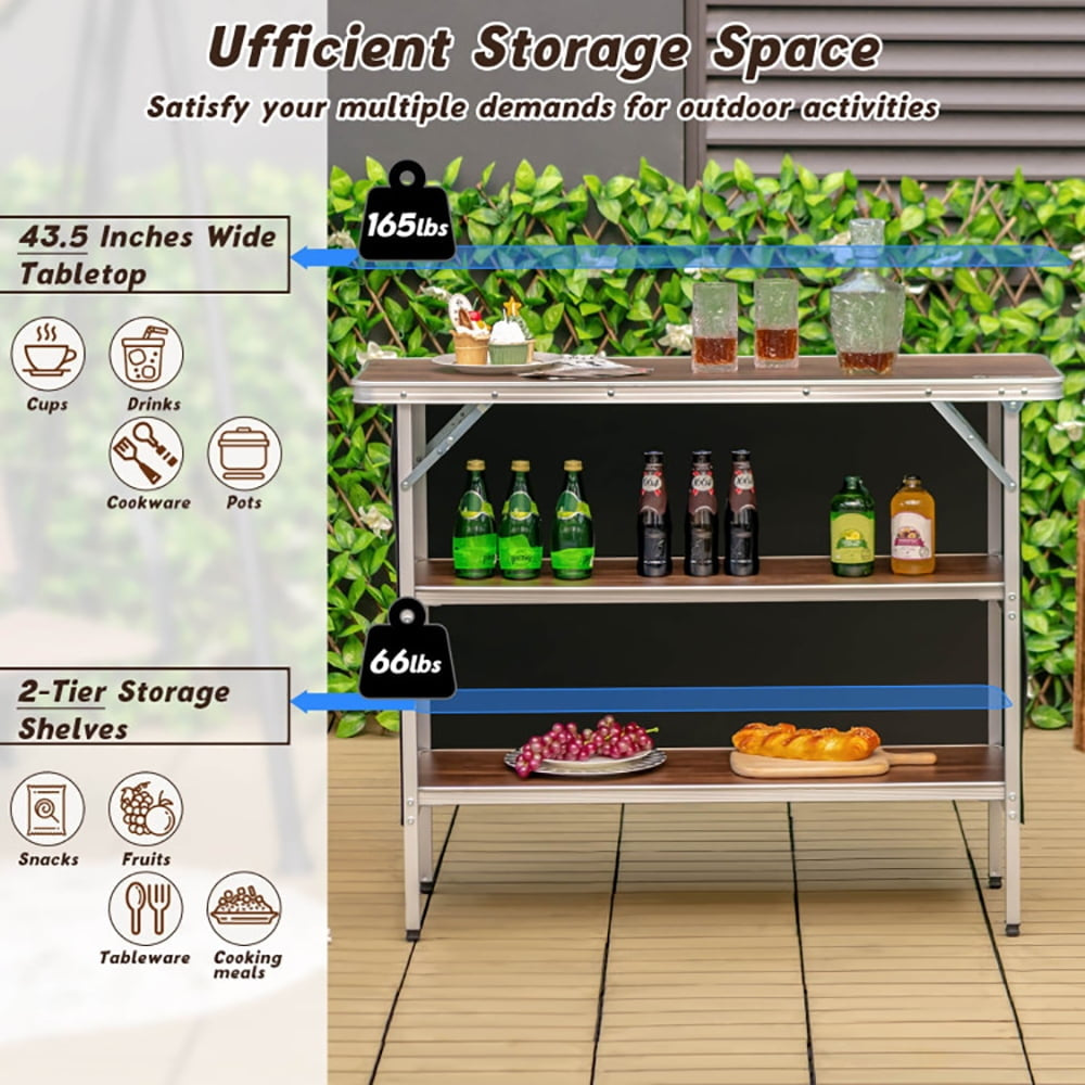 Hommoo Folding Camping Table with 2-Tier Open Shelves for Outdoor BBQ, Lightweight Folding Tent Camping Cot Bed, Coffee Image 5