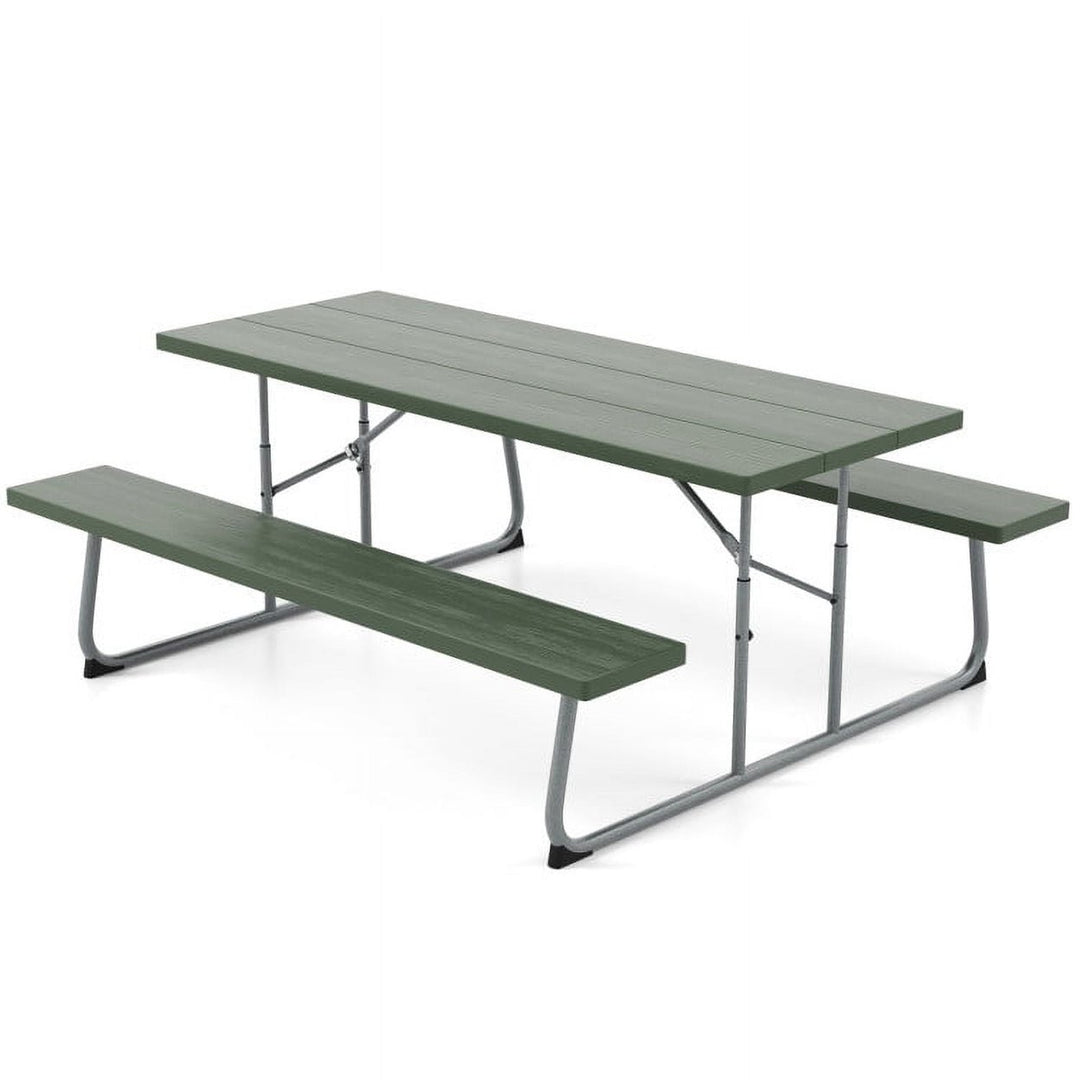 Hommoo Folding Picnic Table Set with Metal Frame and All-Weather HDPE Tabletop Umbrella Hole-Green, Outdoor Dining Chair Image 1