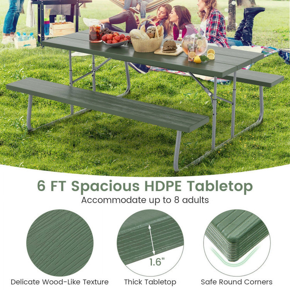 Hommoo Folding Picnic Table Set with Metal Frame and All-Weather HDPE Tabletop Umbrella Hole-Green, Outdoor Dining Chair Image 2