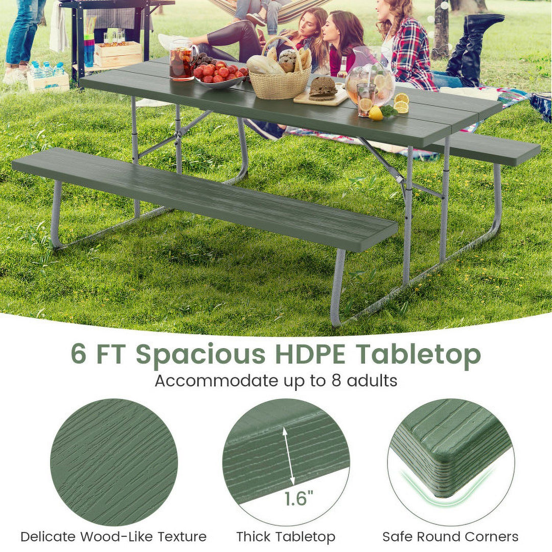 Hommoo Folding Picnic Table Set with Metal Frame and All-Weather HDPE Tabletop Umbrella Hole-Green, Outdoor Dining Chair Image 2