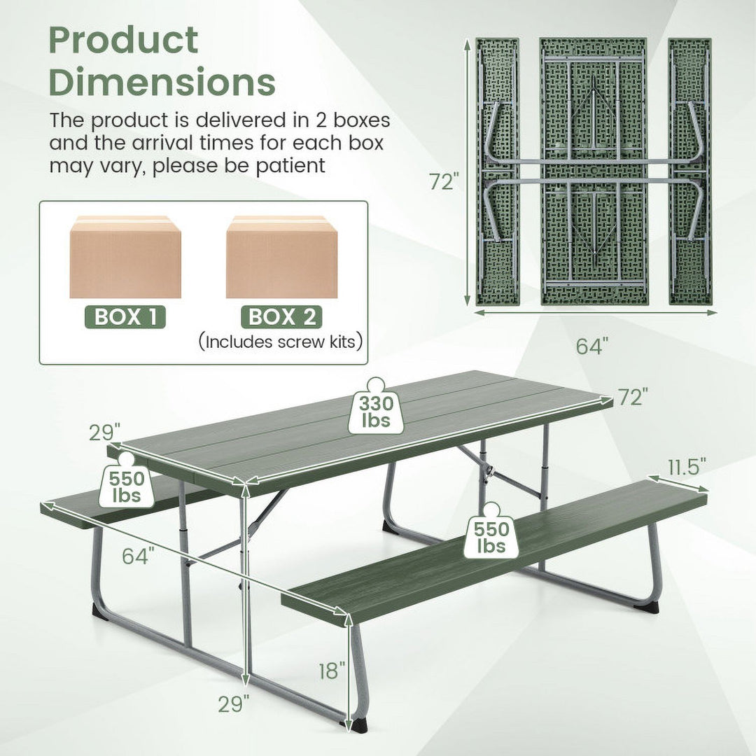 Hommoo Folding Picnic Table Set with Metal Frame and All-Weather HDPE Tabletop Umbrella Hole-Green, Outdoor Dining Chair Image 3