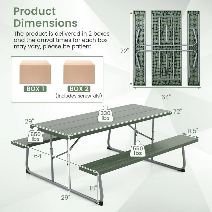 Hommoo Folding Picnic Table Set with Metal Frame and All-Weather HDPE Tabletop Umbrella Hole-Green, Outdoor Dining Chair Image 3