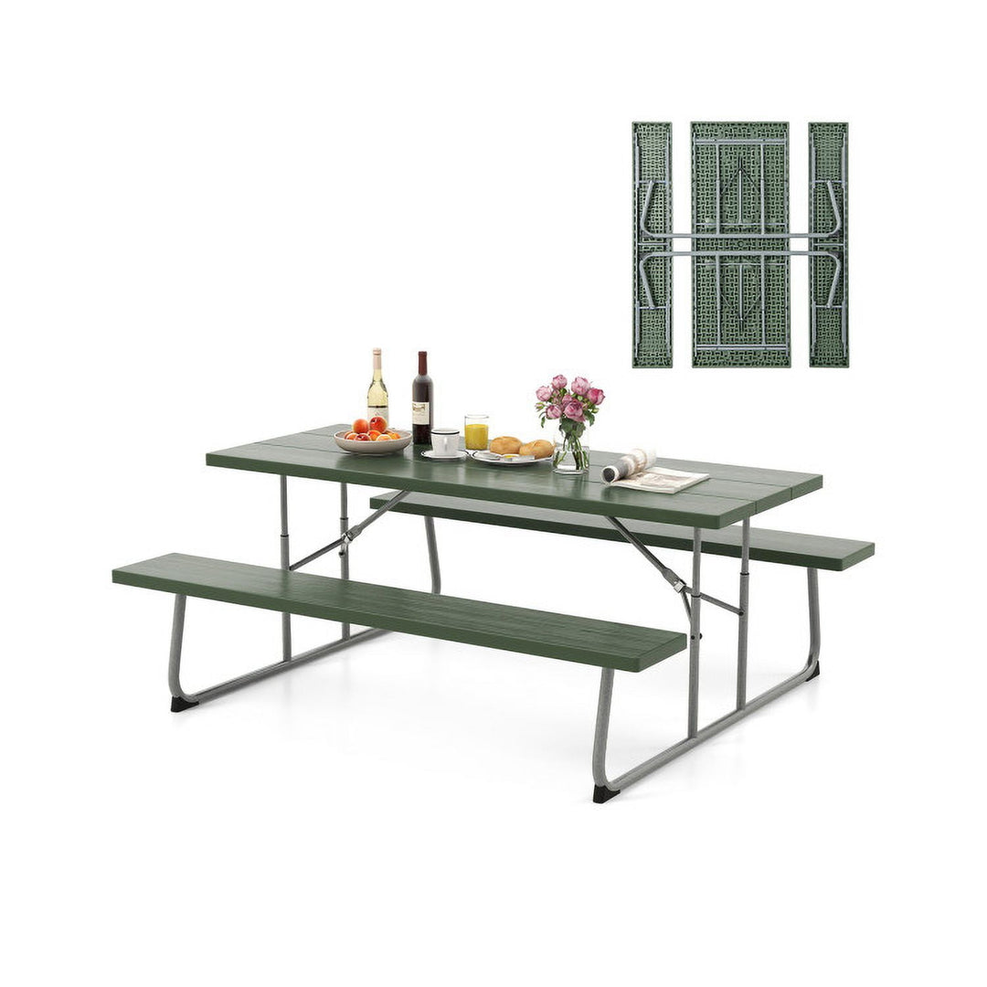 Hommoo Folding Picnic Table Set with Metal Frame and All-Weather HDPE Tabletop Umbrella Hole-Green, Outdoor Dining Chair Image 5