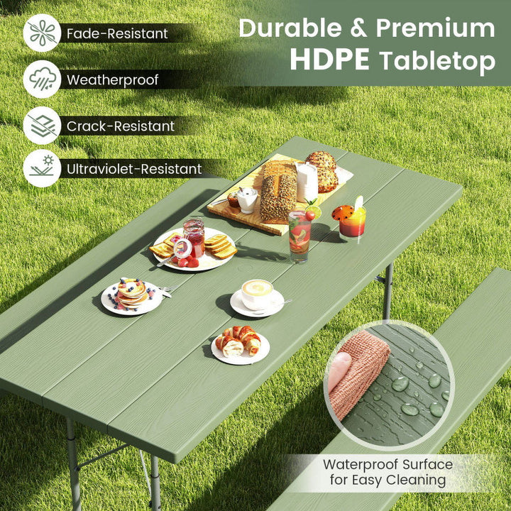 Hommoo Folding Picnic Table Set with Metal Frame and All-Weather HDPE Tabletop Umbrella Hole-Green, Outdoor Dining Chair Image 6