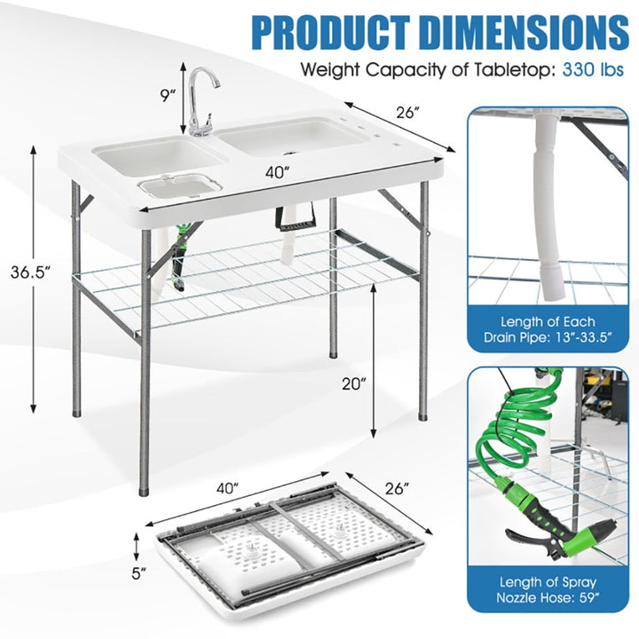 Hommoo Portable Camping Kitchen Table with Storage Shelves-Gray,Folding Dining Table for Patio Pool Park Outdoor Image 3