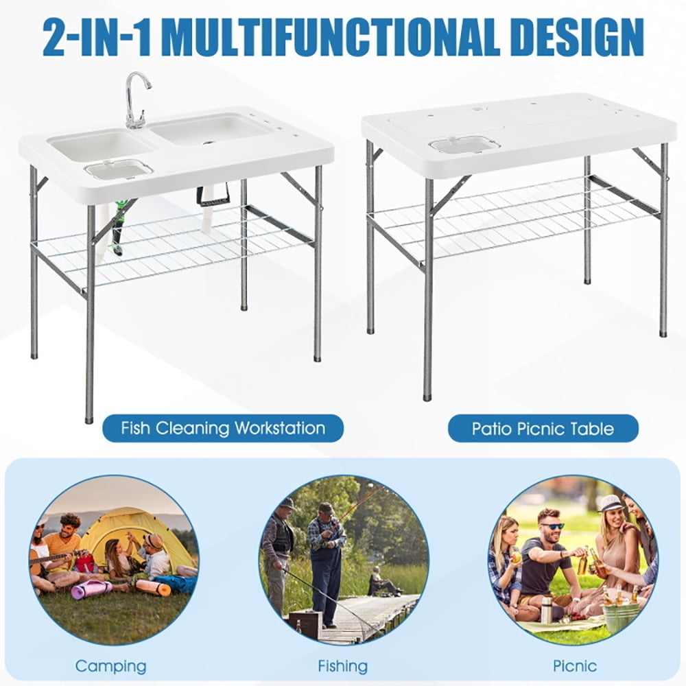 Hommoo Portable Camping Kitchen Table with Storage Shelves-Gray,Folding Dining Table for Patio Pool Park Outdoor Image 6