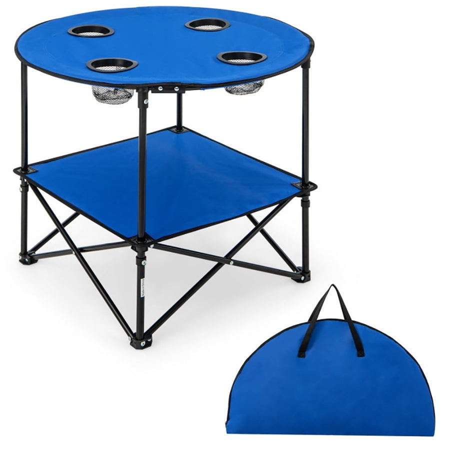 Hommoo 2-Tier Portable Picnic Table with Carrying Bag and 4 Cup Holders-Blue,Folding Dining Table for Patio Pool Park Image 1