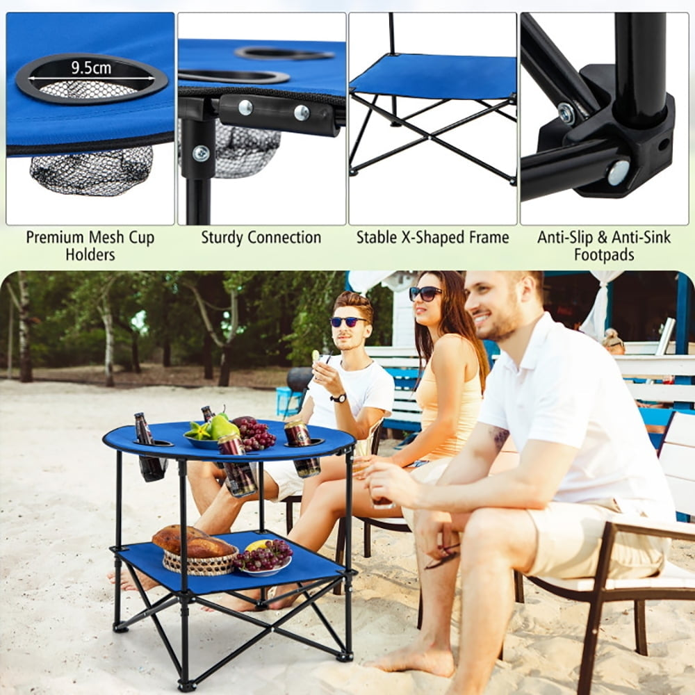 Hommoo 2-Tier Portable Picnic Table with Carrying Bag and 4 Cup Holders-Blue,Folding Dining Table for Patio Pool Park Image 4