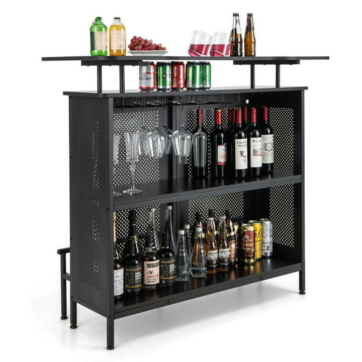 Hommoo Counter Bar Table, Dining Table,4-Tier Liquor Bar Table with 6 Glass Holders and Metal Footrest-Black Image 1