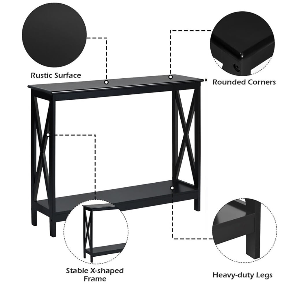 Hommoo 2-Tier Console X-Design Sofa Side Accent Table-Black, Narrow Console Table, Entryway Hall Table with Shelves for Image 3