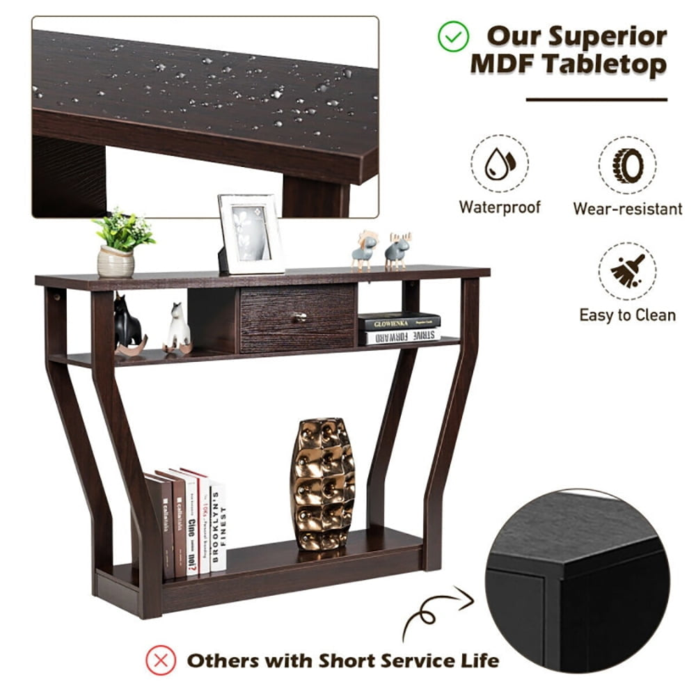 Hommoo Modern Sofa Accent Table with Drawer-Brown, Narrow Console Table, Entryway Hall Table with Shelves for Foyer and Image 2