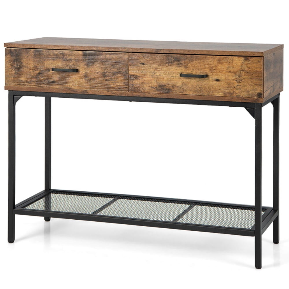 Hommoo 2 Drawers Industrial Console Table with Steel Frame for Small Space-Rustic Brown Image 1