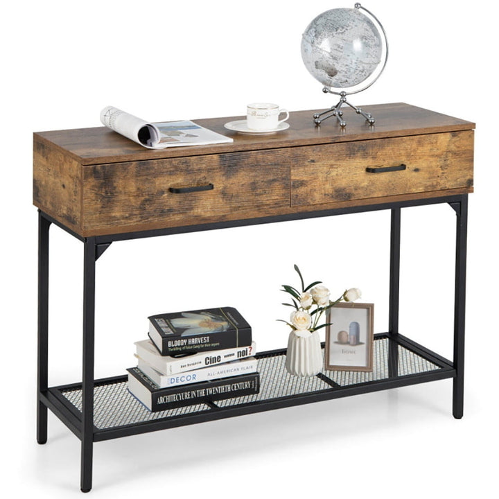 Hommoo 2 Drawers Industrial Console Table with Steel Frame for Small Space-Rustic Brown Image 2