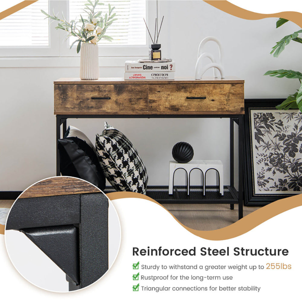 Hommoo 2 Drawers Industrial Console Table with Steel Frame for Small Space-Rustic Brown Image 3