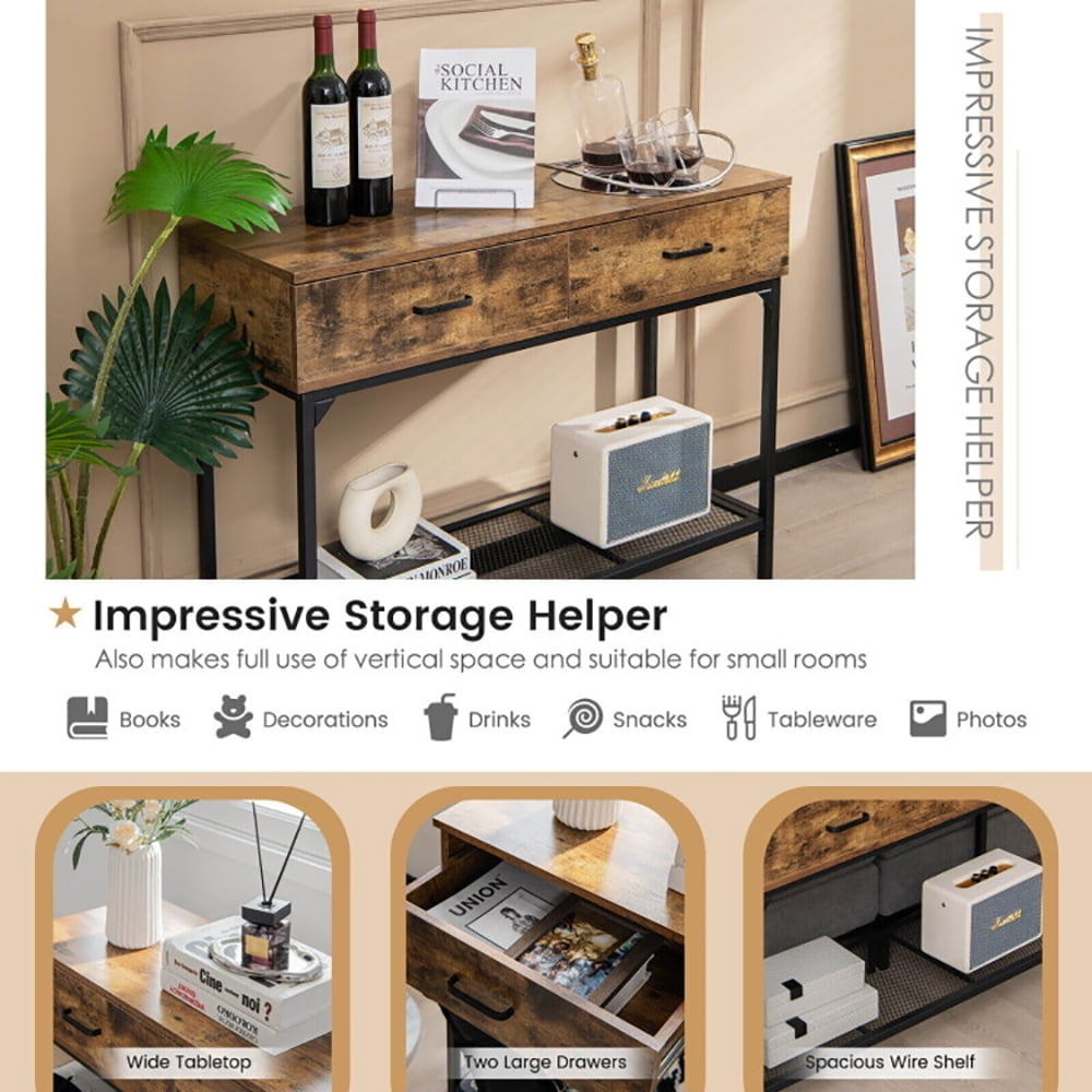 Hommoo 2 Drawers Industrial Console Table with Steel Frame for Small Space-Rustic Brown Image 4