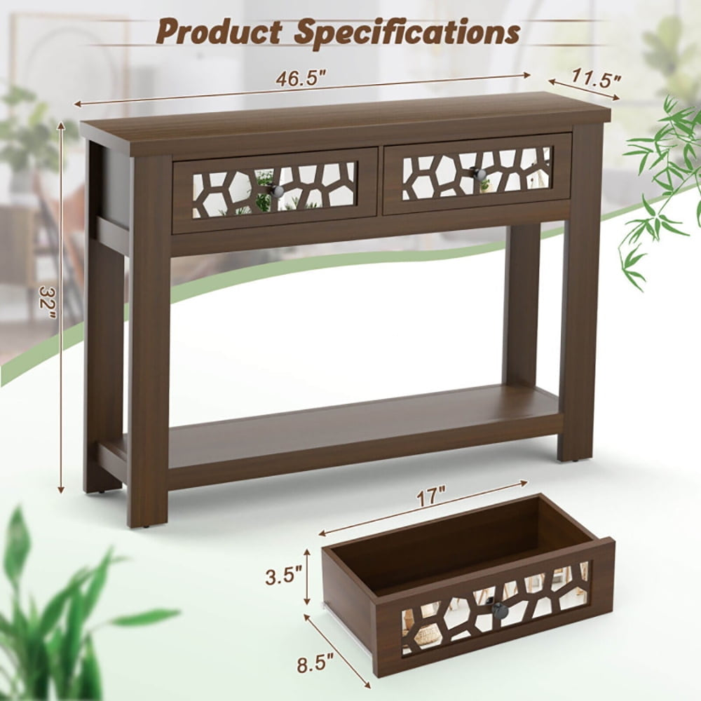 Hommoo 2-Tier Console Table with Drawers and Open Storage Shelf, Narrow Console Table, Brown Image 4