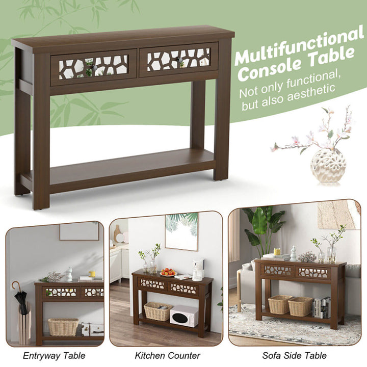 Hommoo 2-Tier Console Table with Drawers and Open Storage Shelf, Narrow Console Table, Brown Image 6