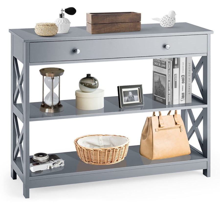 Hommoo Console Table 3-Tier with Drawer and Storage Shelves, Narrow Console Table, Gray Image 1