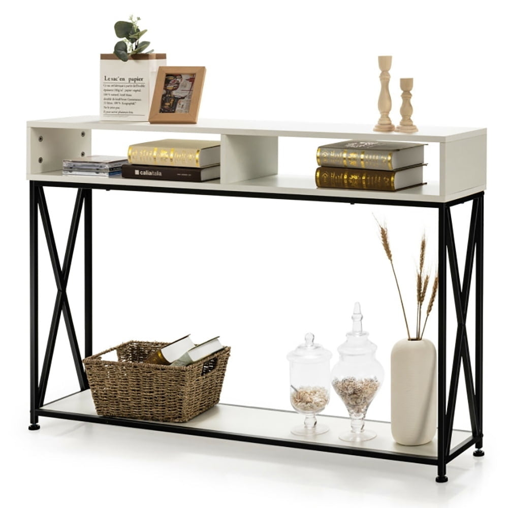 Hommoo Console Table with Open Shelf and Storage Compartments Steel Frame-White Image 2