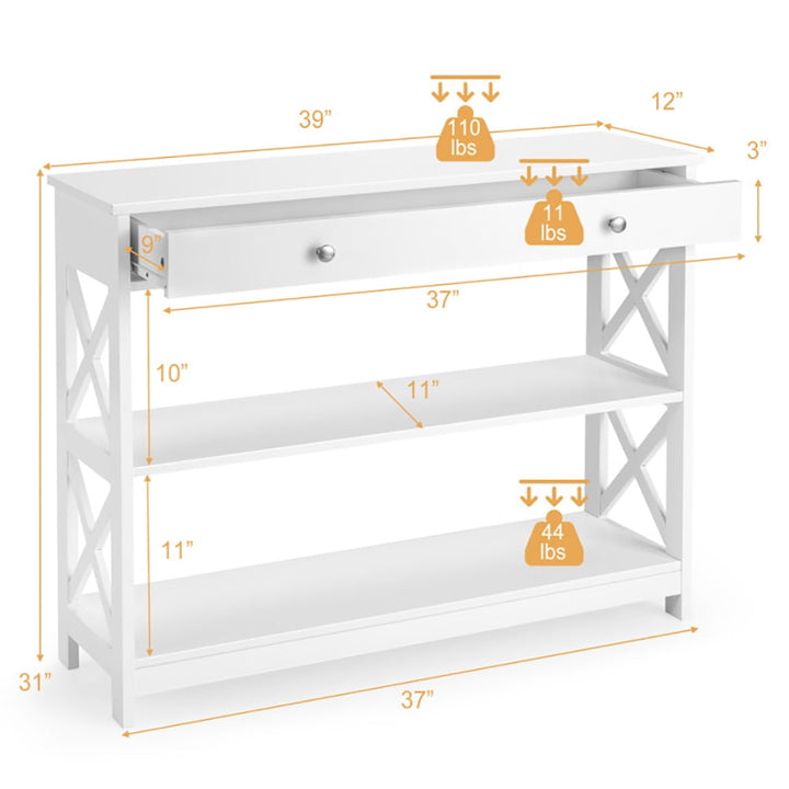 Hommoo Console Table 3-Tier with Drawer and Storage Shelves-White, Entryway Hall Table with Shelves for Foyer and Entry Image 2