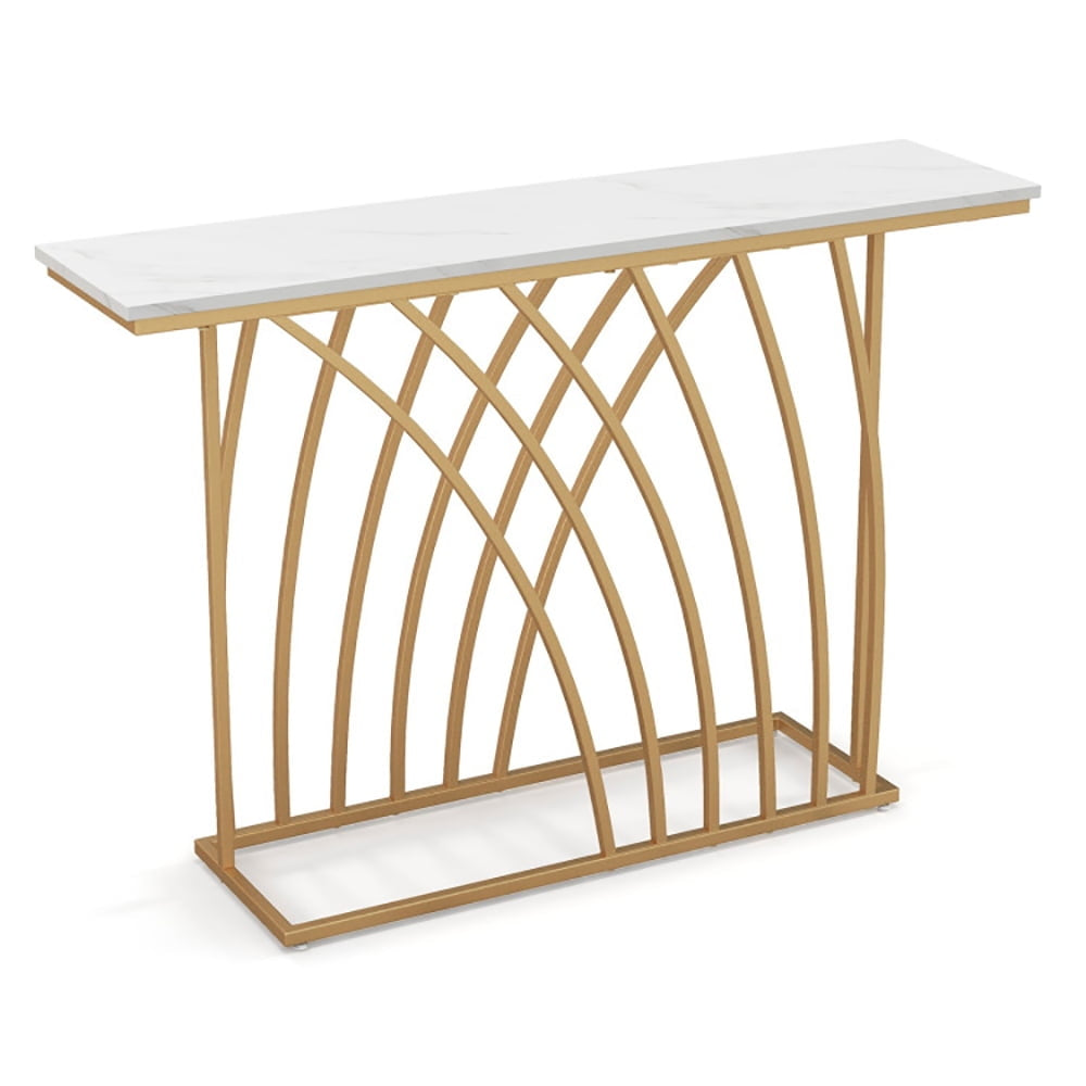 Hommoo 48 Inch Gold Console Table with White Faux Marble Tabletop, Narrow Console Table, White Image 1