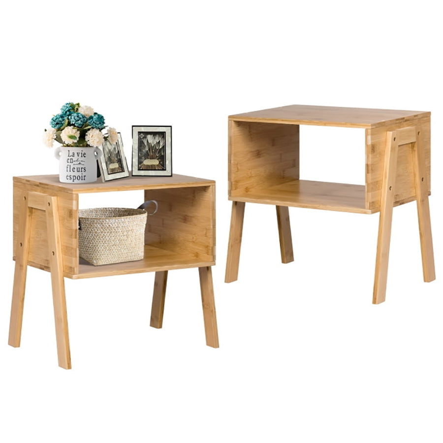 Hommoo Nightstand,Coffee Side Table,2 Pieces Bamboo Nightstand Sofa Table with Storage Shelf Image 1