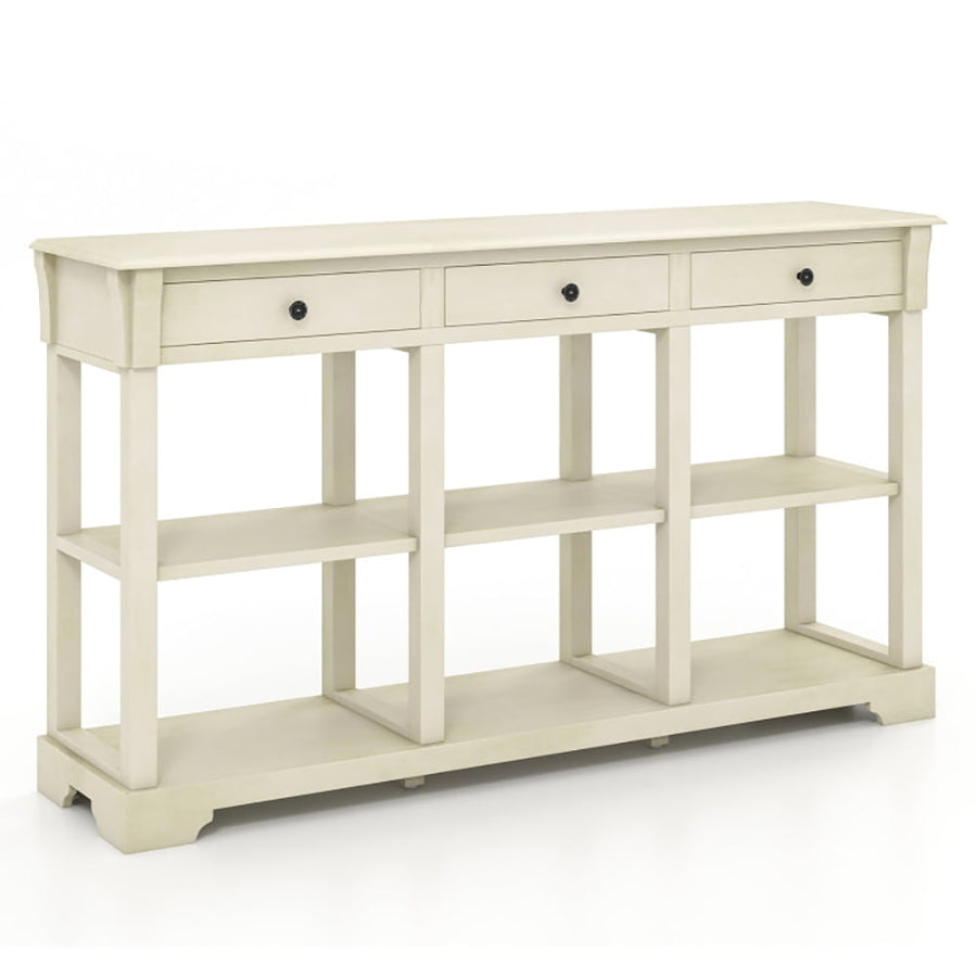 Hommoo 58 Inch Retro Console Table with 3 Drawers and Open Shelves Rectangular Entryway Table-White Image 1