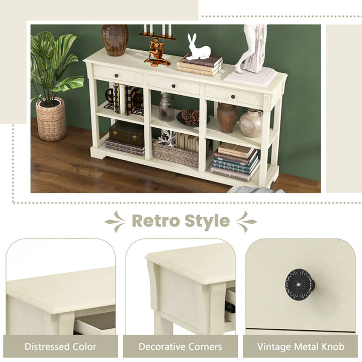 Hommoo 58 Inch Retro Console Table with 3 Drawers and Open Shelves Rectangular Entryway Table-White Image 3