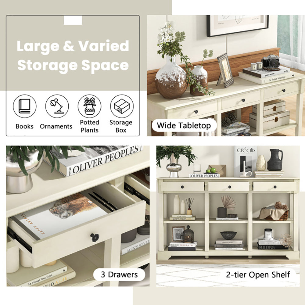 Hommoo 58 Inch Retro Console Table with 3 Drawers and Open Shelves Rectangular Entryway Table-White Image 6