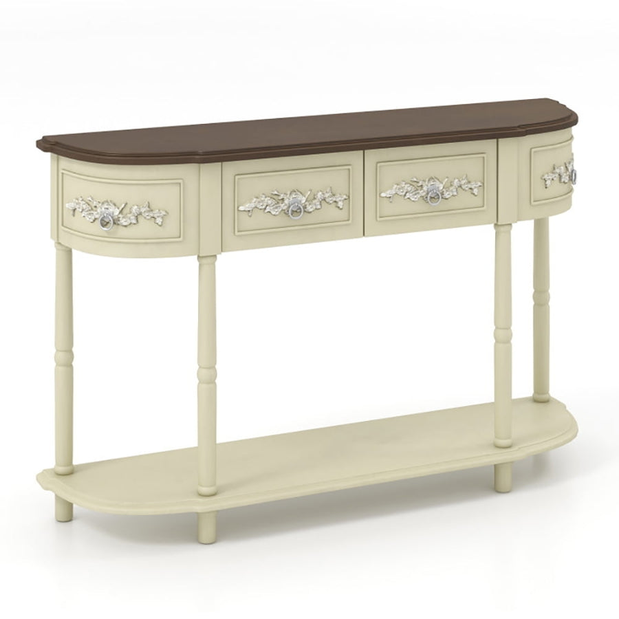 Hommoo Retro Curved Console Table with Drawers and Solid Wood Legs, Narrow Console Table, Beige Image 1