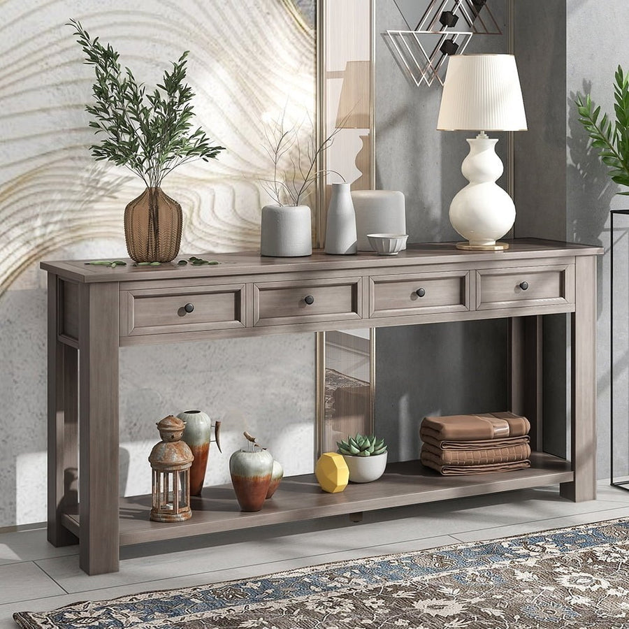 Hommoo Gray Wash Entryway Table with 4 Drawers and Storage Shelf Distressed Finish Image 1