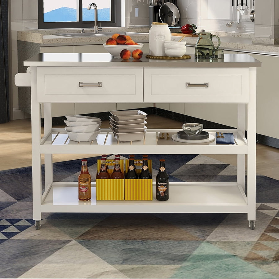 Hommoo Console Table with Stainless Steel Table Top, Kicthen Storage Cart with Two Drawers - White Image 1