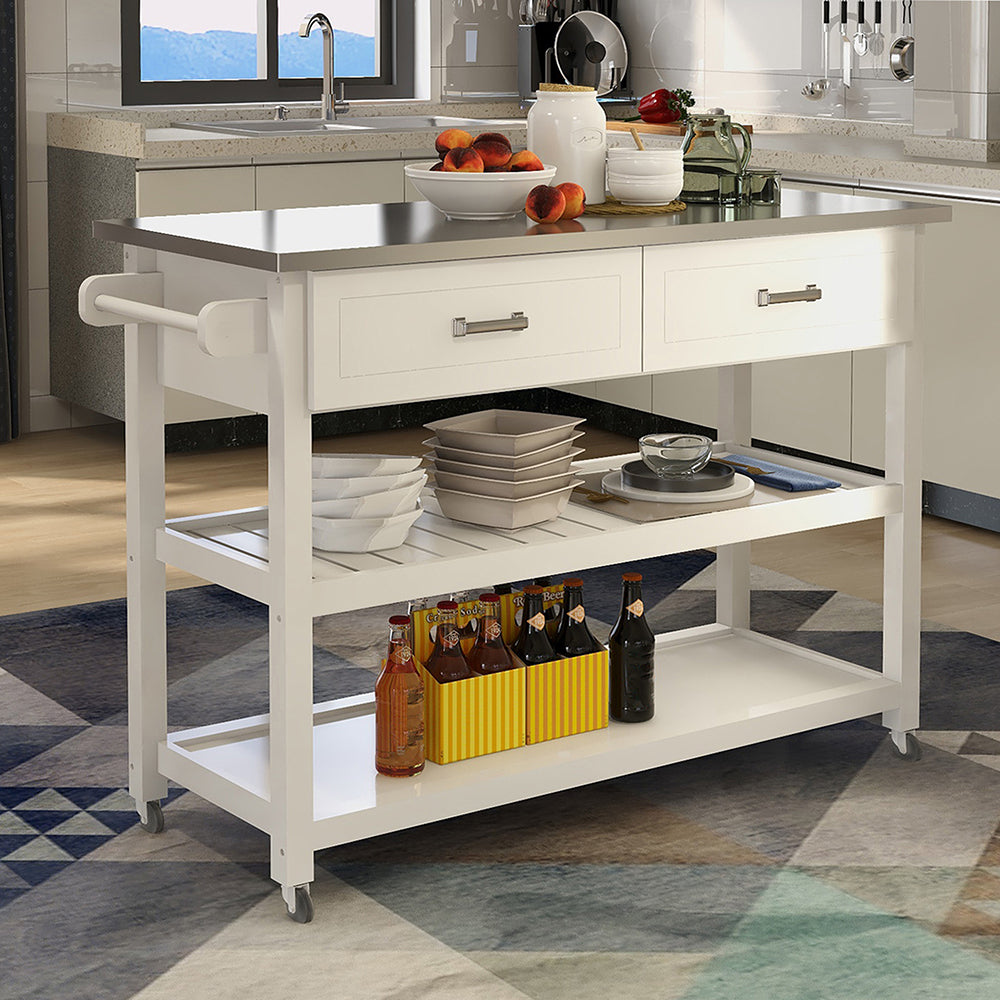 Hommoo Console Table with Stainless Steel Table Top, Kicthen Storage Cart with Two Drawers - White Image 2