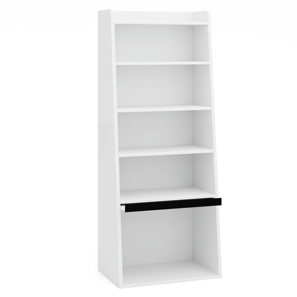 Hommoo Bookshelf,Shelf, 6-Tier Bookcase Freestanding Ladder Bookshelf with 2 Adjustable Shelves and Flip Up Door-White Image 1