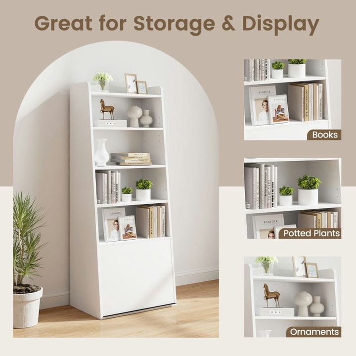 Hommoo Bookshelf,Shelf, 6-Tier Bookcase Freestanding Ladder Bookshelf with 2 Adjustable Shelves and Flip Up Door-White Image 2