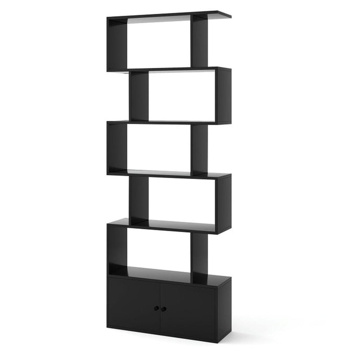 Hommoo Bookshelf,Shelf, Open Bookcase Book Shelf, 6-Tier S-Shaped Freestanding Bookshelf with Cabinet and Doors-Black Image 1