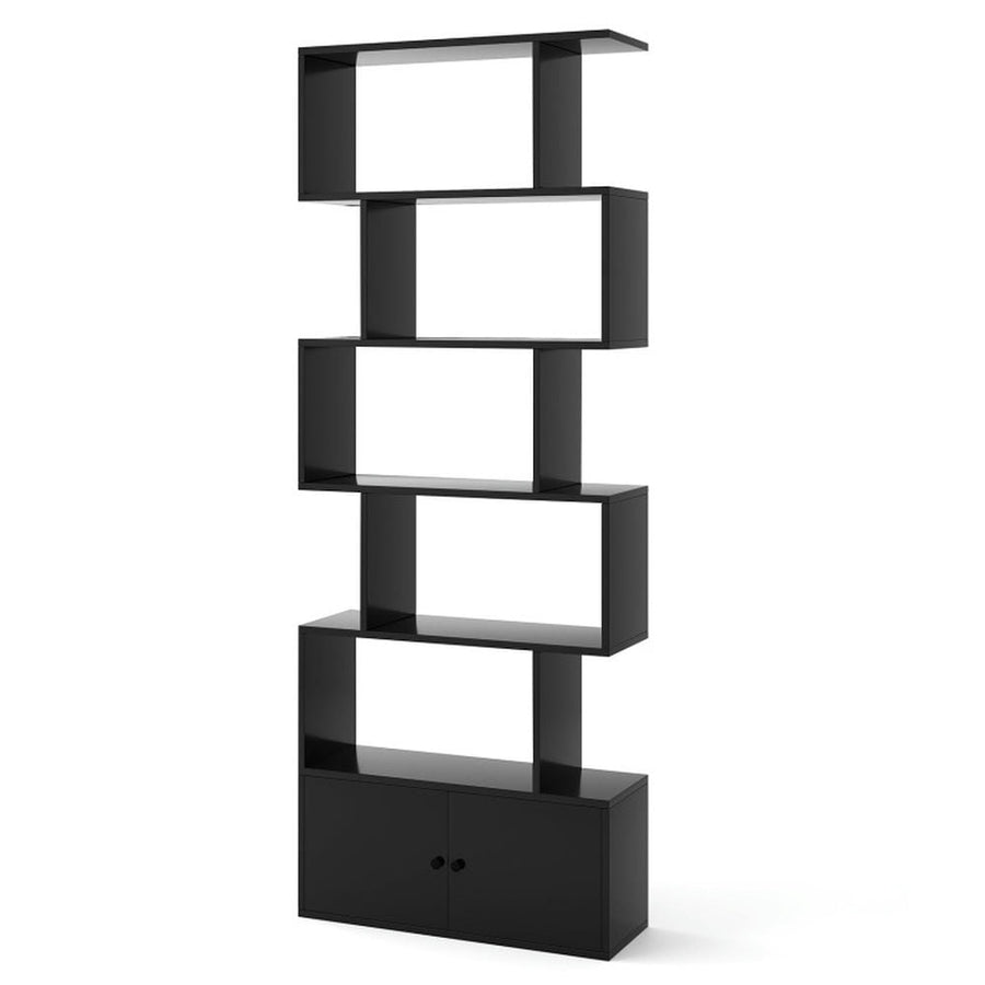 Hommoo Bookshelf,Shelf, Open Bookcase Book Shelf, 6-Tier S-Shaped Freestanding Bookshelf with Cabinet and Doors-Black Image 1