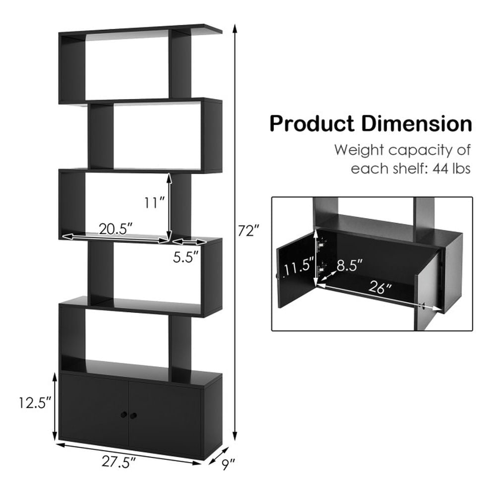 Hommoo Bookshelf,Shelf, Open Bookcase Book Shelf, 6-Tier S-Shaped Freestanding Bookshelf with Cabinet and Doors-Black Image 2