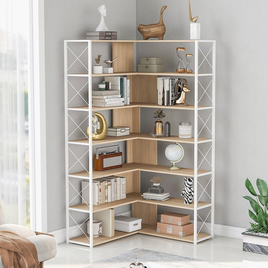 Hommoo 7-Tier Bookcase Home Office Bookshelf,L-Shaped Corner Bookcase with Metal Frame,Industrial Style Shelf with Open Image 1