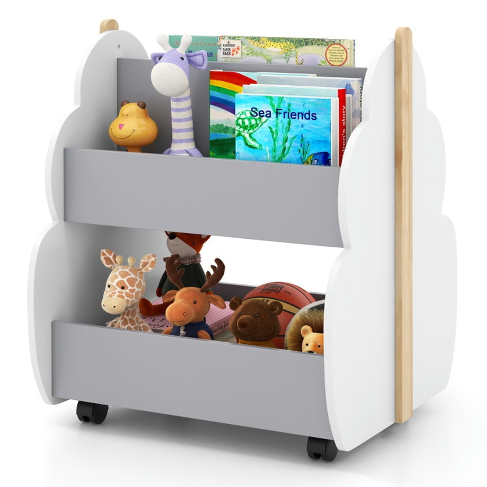 Hommoo Kids Wooden Bookshelf with Universal Wheels-Gray, Kids Toy Storage for Kids, Boys, Girls, Nursery Image 3