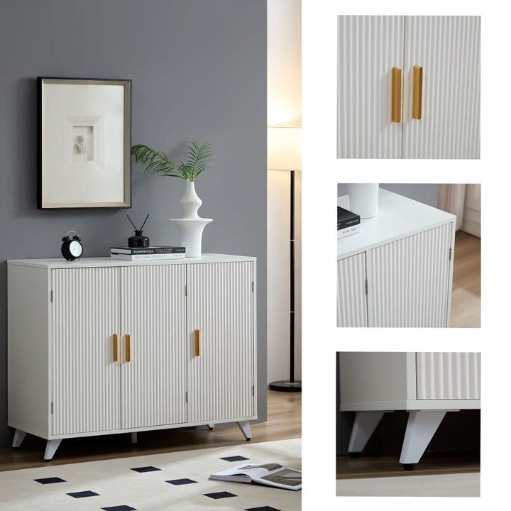 Hommoo Modern Entryway Accent Storage Cabinet, Waveform Fluted Panel Kitchen Buffet Sideboard with Storage, White Image 2