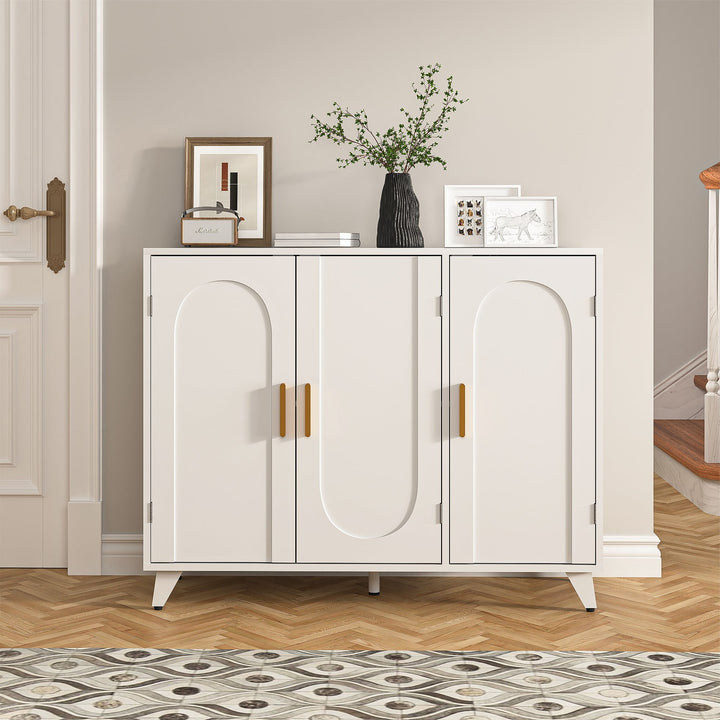 Hommoo Modern Ivory White Large Storage Cabinet, Freestanding Floor Cabinet Sideboard with 3 Doors Image 1