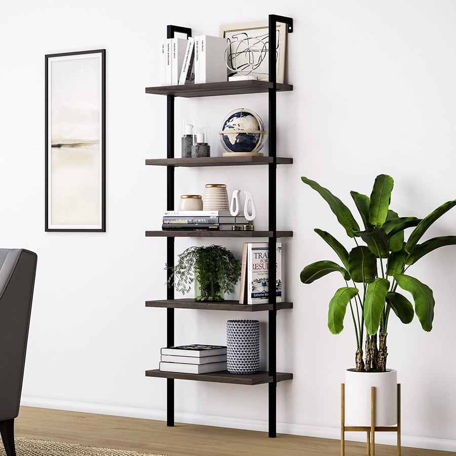 Hommoo Modern 71 Inches 5-Shelf Ladder Bookcase, 5-Tier Wall Mounted Shelves, Dark Walnut and Black Image 1