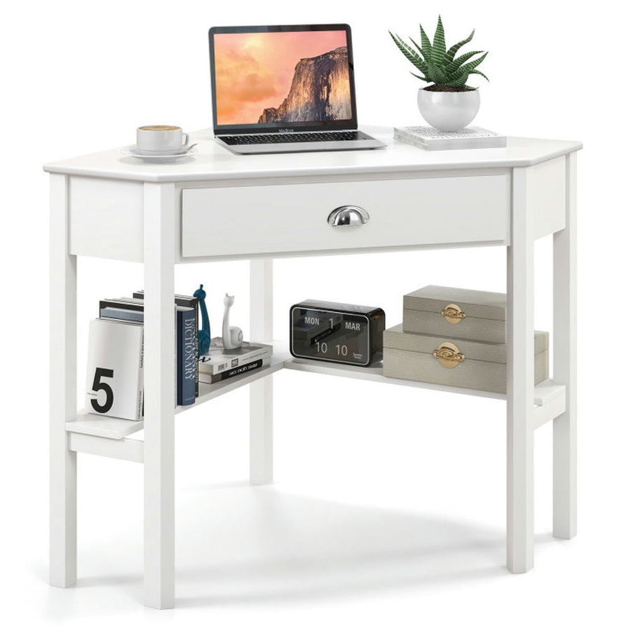 Hommoo Corner Wooden Piece Laptop Computer Desk-White, Home Office Desks, Gaming Computer Desks for Image 1