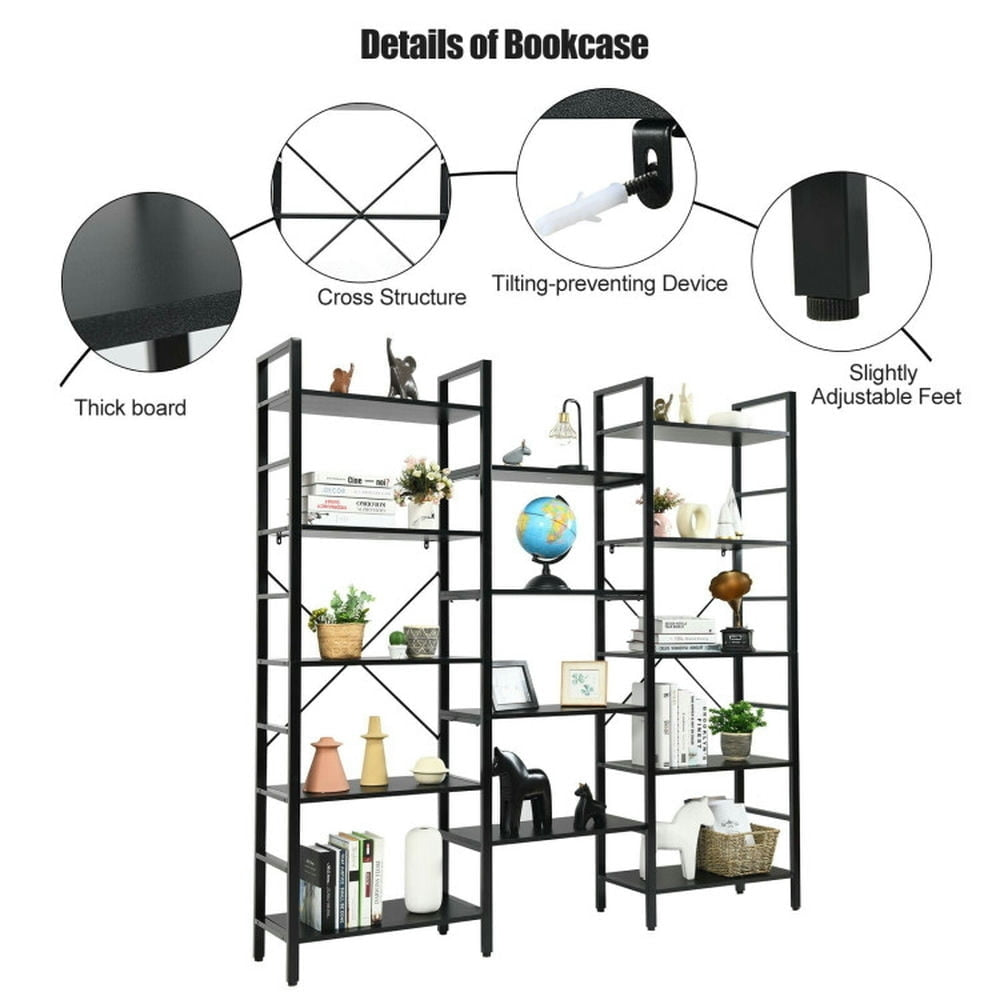 Hommoo Bookshelf,Shelf, Open Bookcase Book Shelf, Vintage Triple Wide 5-Tier Bookcase Large Bookshelf Display Storage Image 2