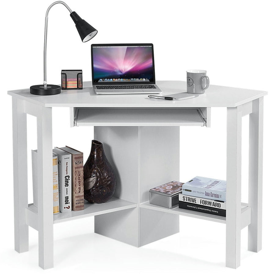 Hommoo Wooden Study Computer Corner Desk with Drawer-White, Home Office Desks, Gaming Computer Desks for Image 1