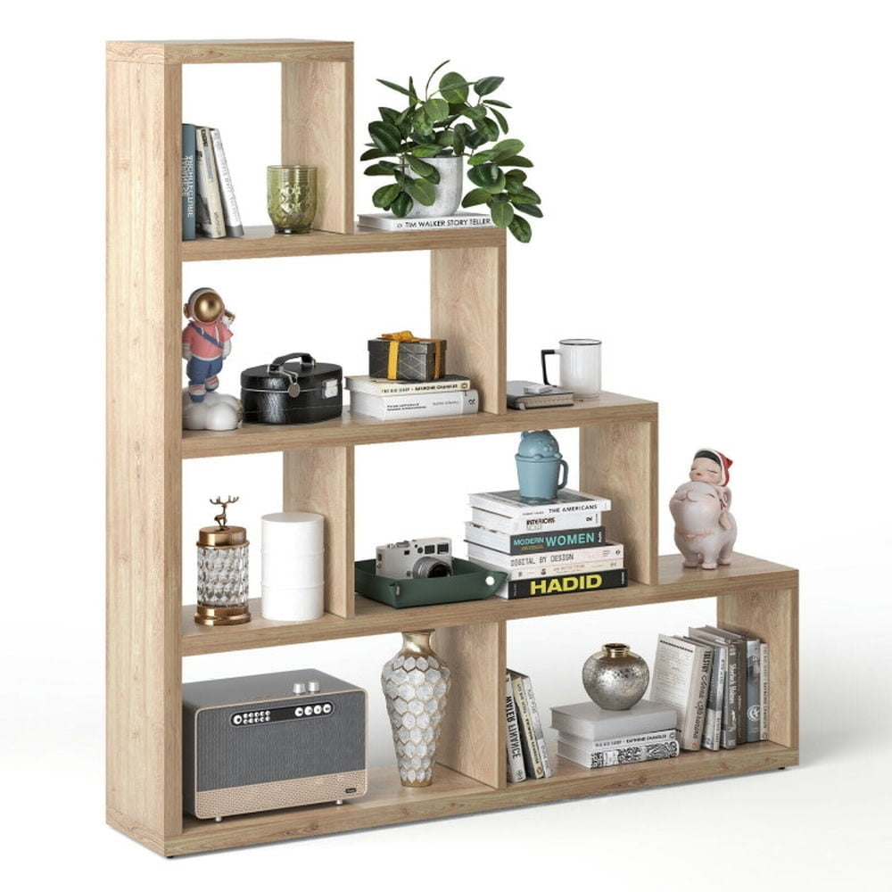 Hommoo Bookshelf,Shelf, Open Bookcase Book Shelf, 6 Cubes Ladder Shelf Corner Bookshelf Storage Bookcase-Natural Image 2