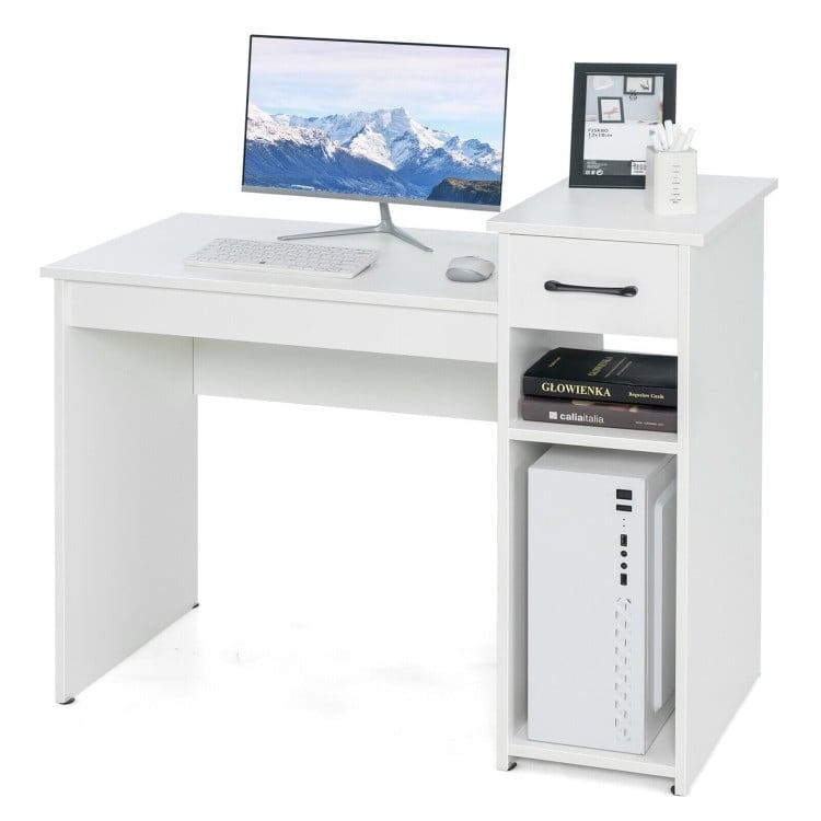 Hommoo Computer Desk PC Laptop Table with Drawer and Shelf-White, Home Office Desks, Gaming Computer Desks for Image 1